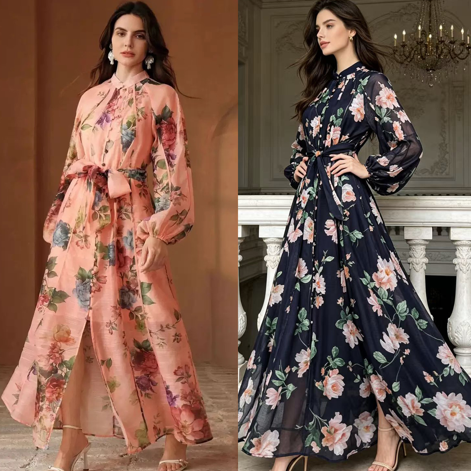 French court style dress for women in autumn, with a high-end feel and fashionable patchwork straps. The dress features a cinched waist, single breasted lantern sleeves, and a long skirt