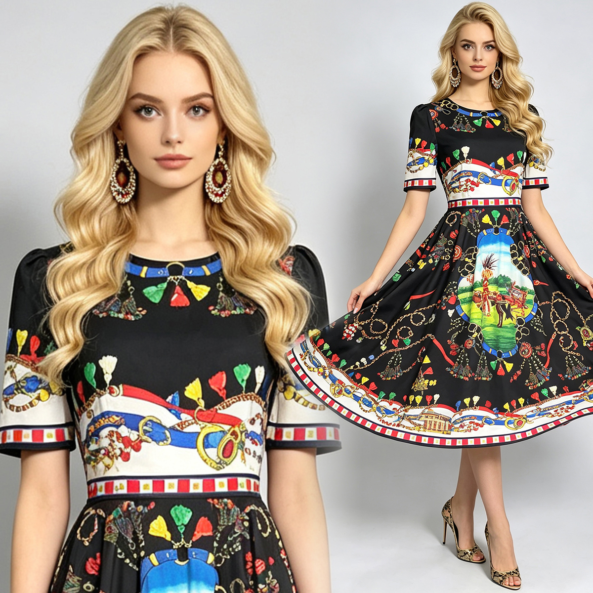 Real shooting positioning: Printed round neck short sleeved dress with high waist, slim fit, and large swing A-line skirt