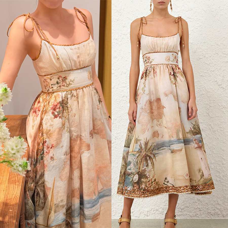 Australian new French romantic style printed camisole dress women's linen medium long vacation style beige skirt Australian new French romantic style printed camisole dress women's linen medium long vacation style beige skirt