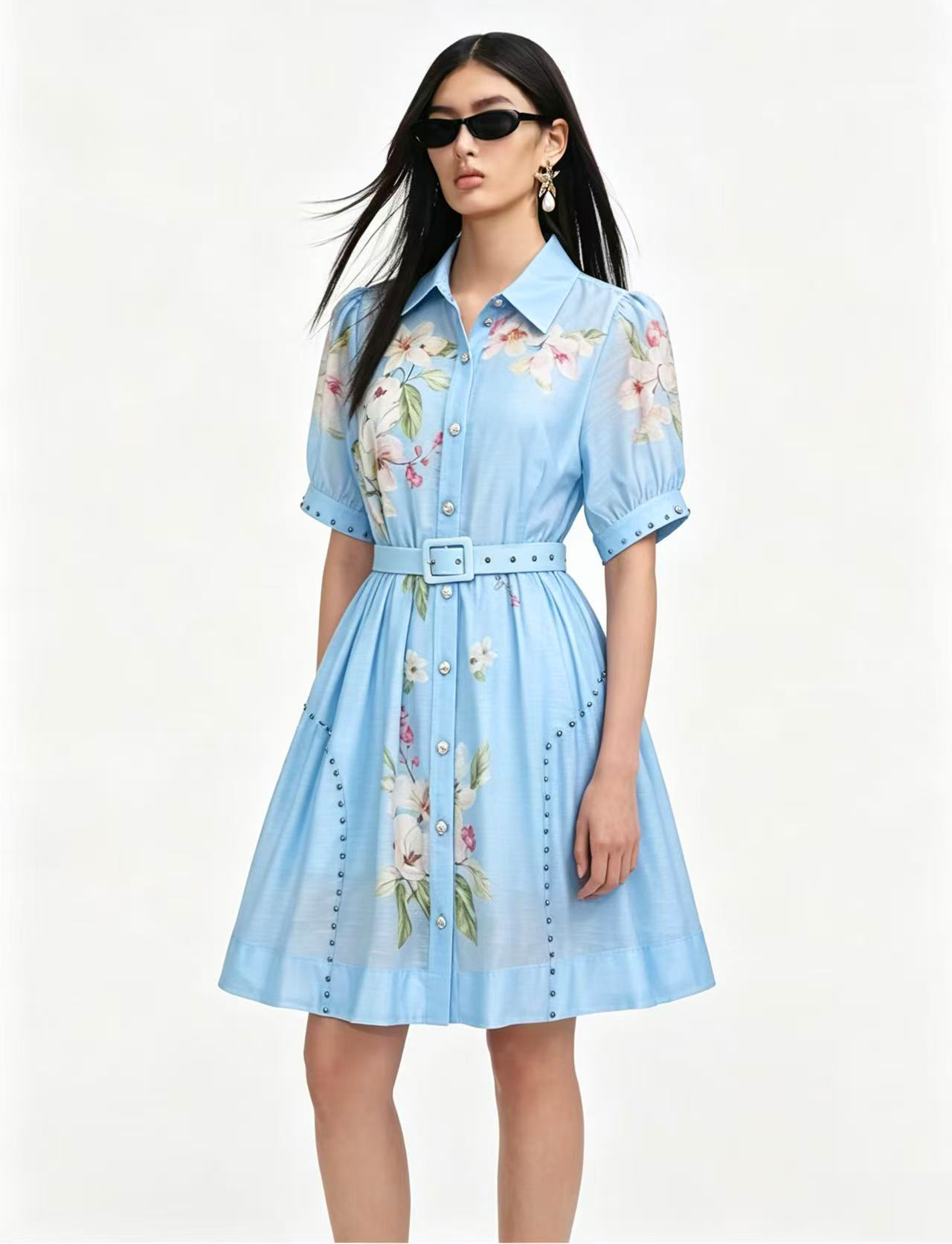 Summer New French Elegant Style Flip Collar Shirt Sleeve Single breasted Pattern Printed Lace up Large Swing Shirt Short Skirt Summer New French Elegant Style Flip Collar Shirt Sleeve Single breasted Pattern Printed Lace up Large Swing Shirt Short Skirt