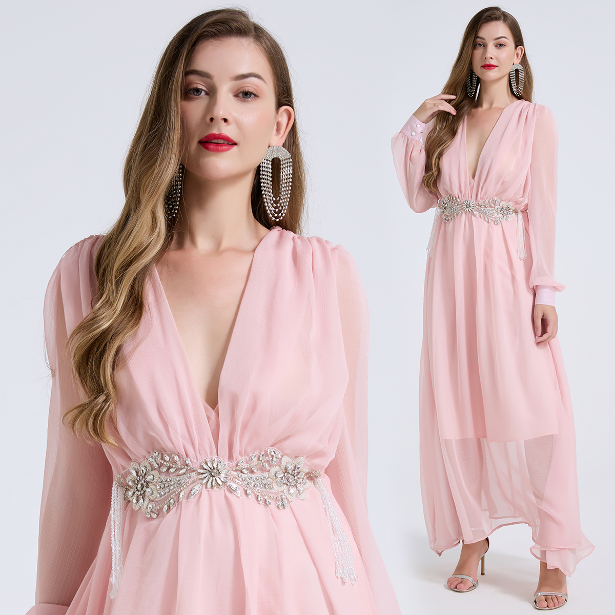 Real shot of heavy industry handmade nail bead lightweight Tencel sexy V-neck long sleeved dress with high waist A-line skirt