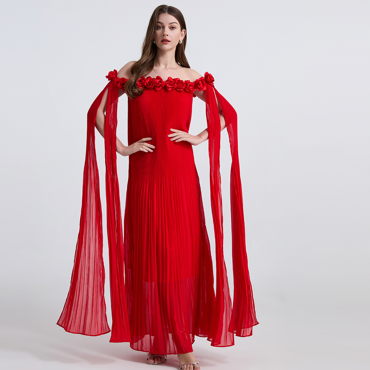 Real shot sexy one neck three-dimensional flower pleated chiffon dress, long skirt, oversized display, high-quality version Real shot sexy one neck three-dimensional flower pleated chiffon dress, long skirt, oversized display, high-quality version