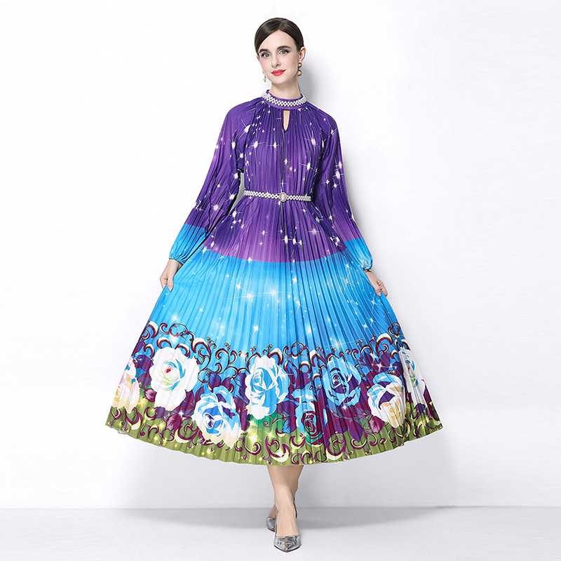 Original 2026 high-end nail bead positioning printed pleated pearl buckle pleated long skirt Original 2026 high-end nail bead positioning printed pleated pearl buckle pleated long skirt