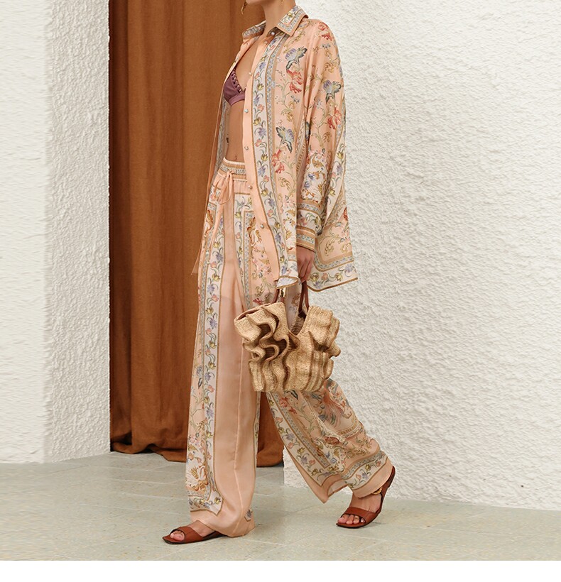 Australian Z Home Silk Texture Printed Casual Long Sleeve Collar Shirt Loose High Waist Pants Set Vacation Style Australian Z Home Silk Texture Printed Casual Long Sleeve Collar Shirt Loose High Waist Pants Set Vacation Style