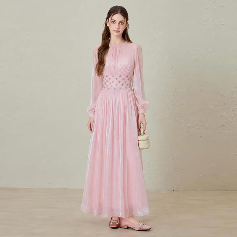 2026 glossy bubble long sleeved diamond grid nail drill waist pleated long skirt 2026 glossy bubble long sleeved diamond grid nail drill waist pleated long skirt