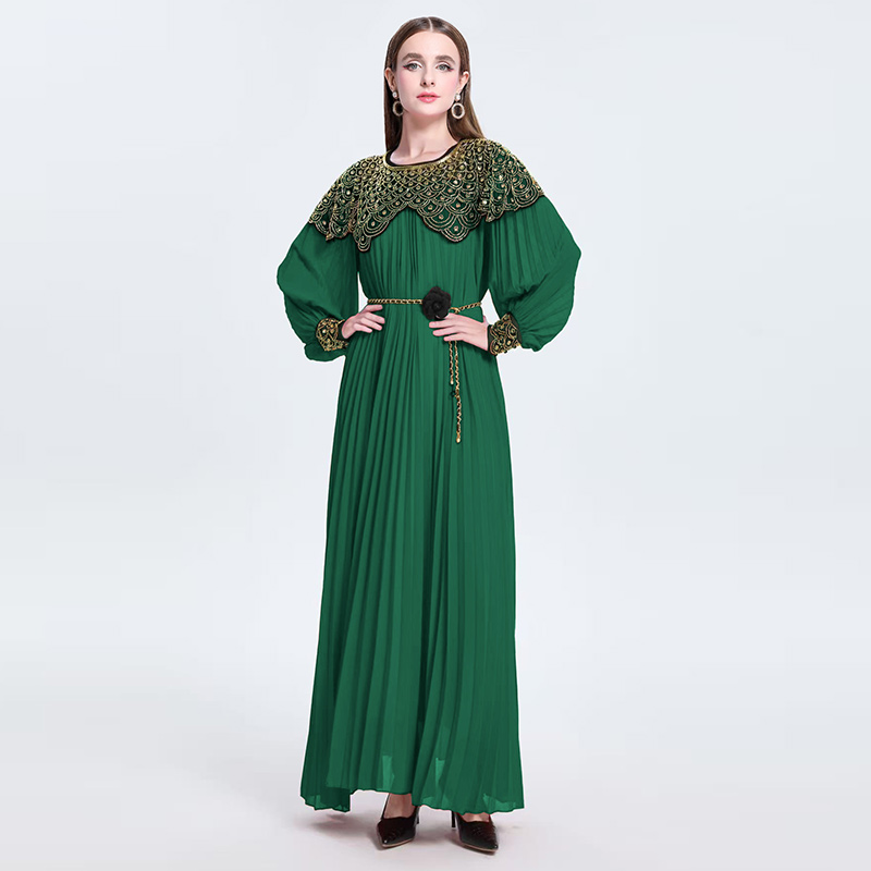 Light luxury high-end embroidered bead sequin round neck long sleeved dress, super fairy pleated elegant dress Light luxury high-end embroidered bead sequin round neck long sleeved dress, super fairy pleated elegant dress