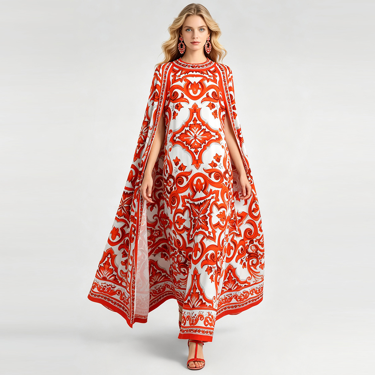Positioning: Round neck large flower loose shawl round neck plus size dress, bat big swing A-line floor length skirt Positioning: Round neck large flower loose shawl round neck plus size dress, bat big swing A-line floor length skirt