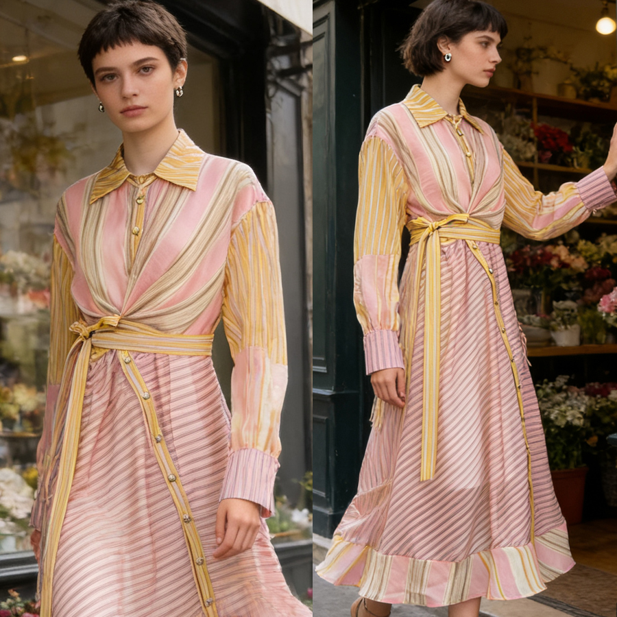 Australian vacation French court style new color block splicing lantern sleeve shirt skirt cinched waist dress long skirt Australian vacation French court style new color block splicing lantern sleeve shirt skirt cinched waist dress long skirt