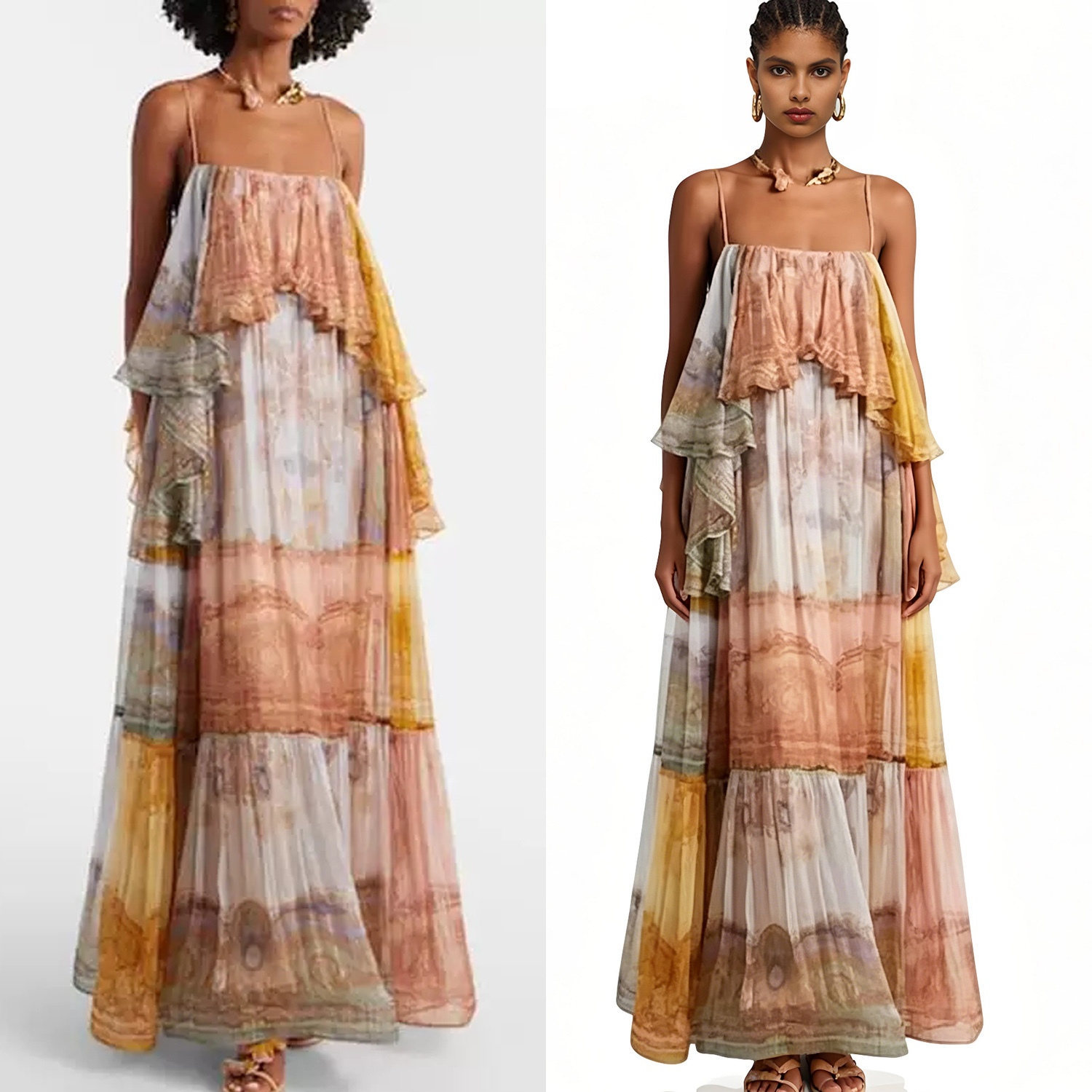 Australian Light Luxury Custom 2026 New Vacation Wind Lotus Leaf Edge Printed Long Loose Strap Fairy Dress