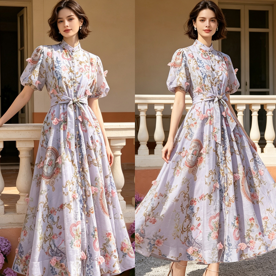 Australian new retro printed elegant socialite temperament heavy three-dimensional flower single breasted waist slimming dress Australian new retro printed elegant socialite temperament heavy three-dimensional flower single breasted waist slimming dress