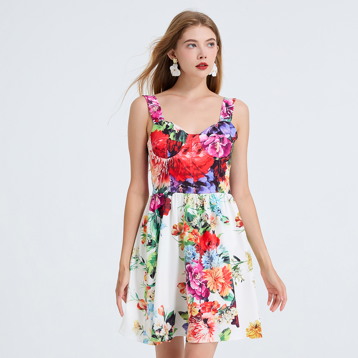 Real shot high waisted printed three-dimensional strapless suspender short dress with elastic elastic rubber on the back Real shot high waisted printed three-dimensional strapless suspender short dress with elastic elastic rubber on the back