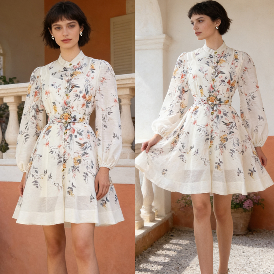 Australian light luxury early autumn new item positioning: printed stand collar lantern sleeves, waist cinching and slimming two-piece dress, short skirt Australian light luxury early autumn new item positioning: printed stand collar lantern sleeves, waist cinching and slimming two-piece dress, short skirt