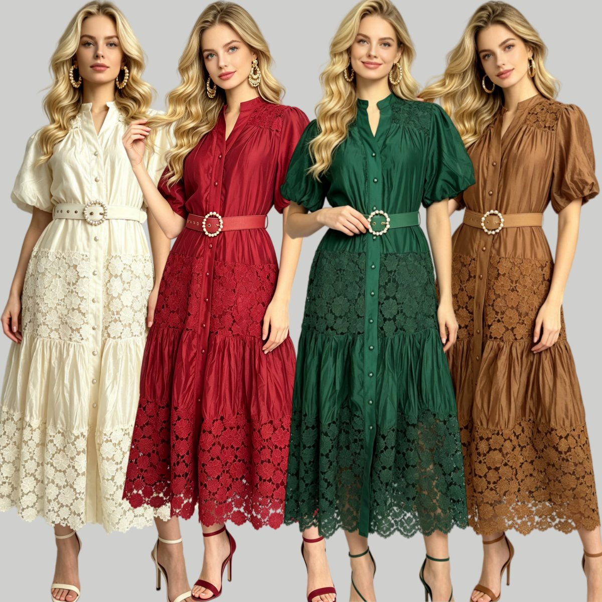 Fashionable stand up collar splicing heavy industry hollow lace loose swing bubble sleeve dress with waist cinching A-line skirt