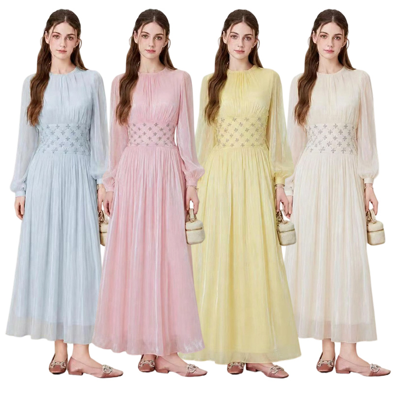 2026 glossy bubble long sleeved diamond grid nail drill waist pleated long skirt