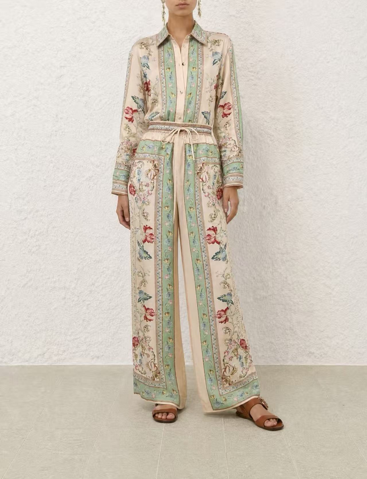 Australian Z Home Silk Texture Printed Casual Long Sleeve Collar Shirt Loose High Waist Pants Set Vacation Style Australian Z Home Silk Texture Printed Casual Long Sleeve Collar Shirt Loose High Waist Pants Set Vacation Style