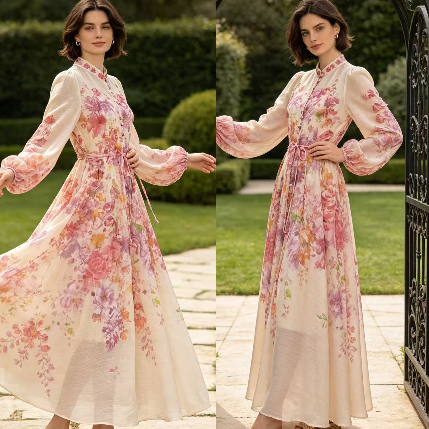 European and American elegant temperament, high-end feeling, heavy industry flower decoration, single breasted button, waist cinching, large swing, long skirt, women's dress