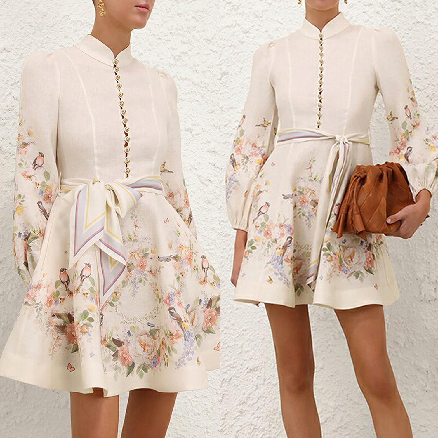 Australian light luxury early autumn new elegant socialite temperament lantern sleeves linen floral stand up collar dress short skirt for women