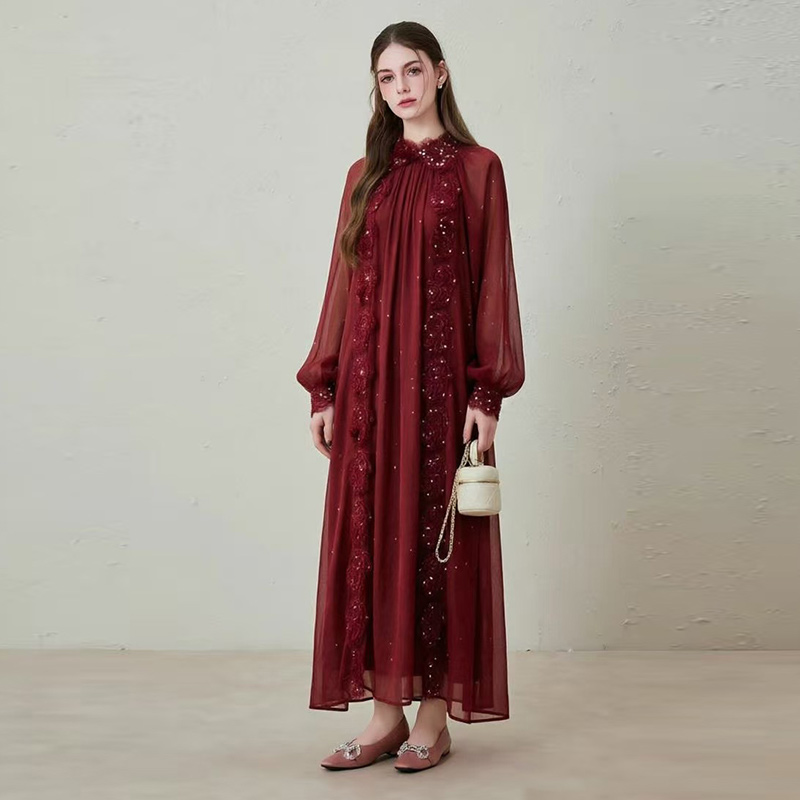 2026 Heavy Industry Nail Bead Lace Embroidered Lantern Sleeve Loose Style Dress 2026 Heavy Industry Nail Bead Lace Embroidered Lantern Sleeve Loose Style Dress