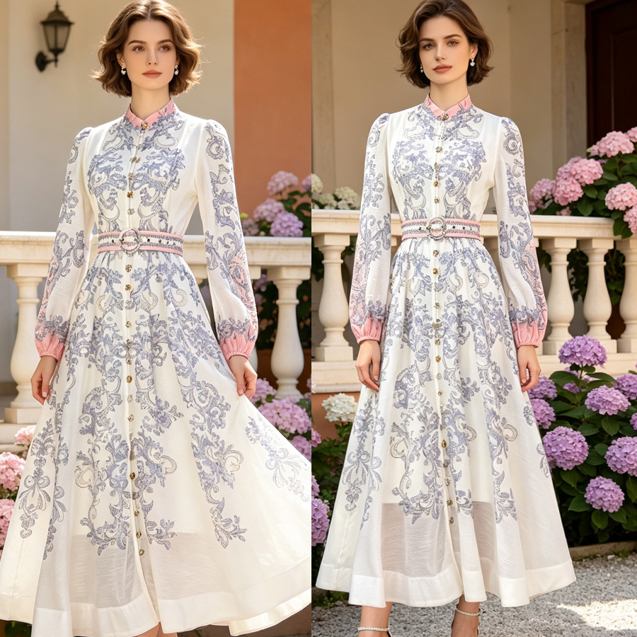 French high-end two-piece dress with retro print stand up collar lantern sleeves and waist cinching big swing dress, long skirt French high-end two-piece dress with retro print stand up collar lantern sleeves and waist cinching big swing dress, long skirt