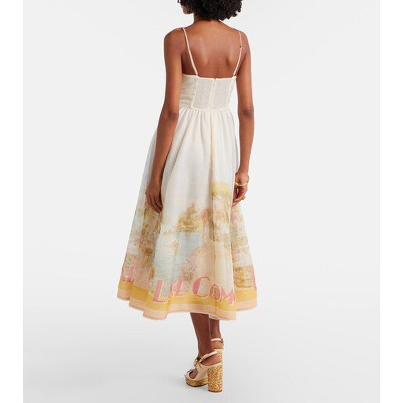 Australian new French romantic style printed camisole dress women's linen medium long vacation style beige skirt Australian new French romantic style printed camisole dress women's linen medium long vacation style beige skirt