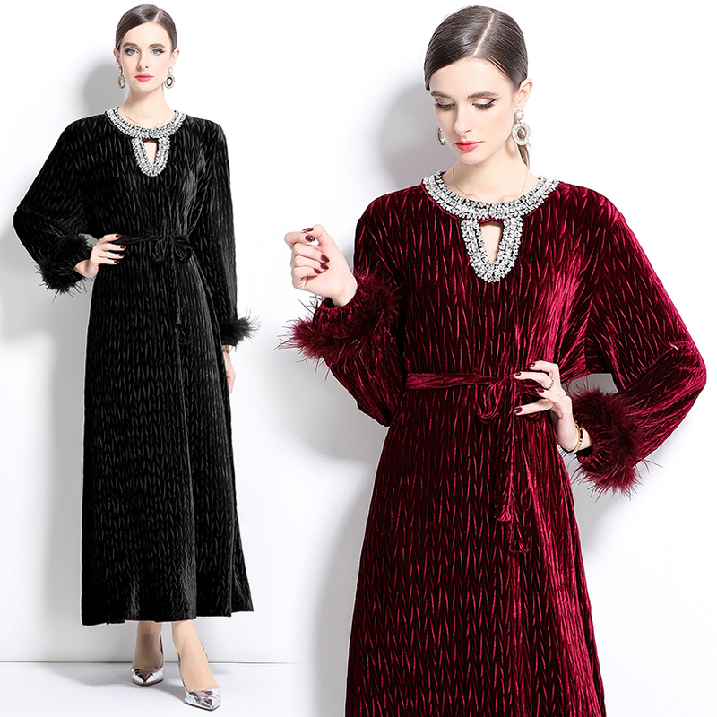 Miyake Ruffle New Dress Handmade Nail Bead Retro Fashion Gold Velvet Ostrich Fur High Grade Ruffle Dress
