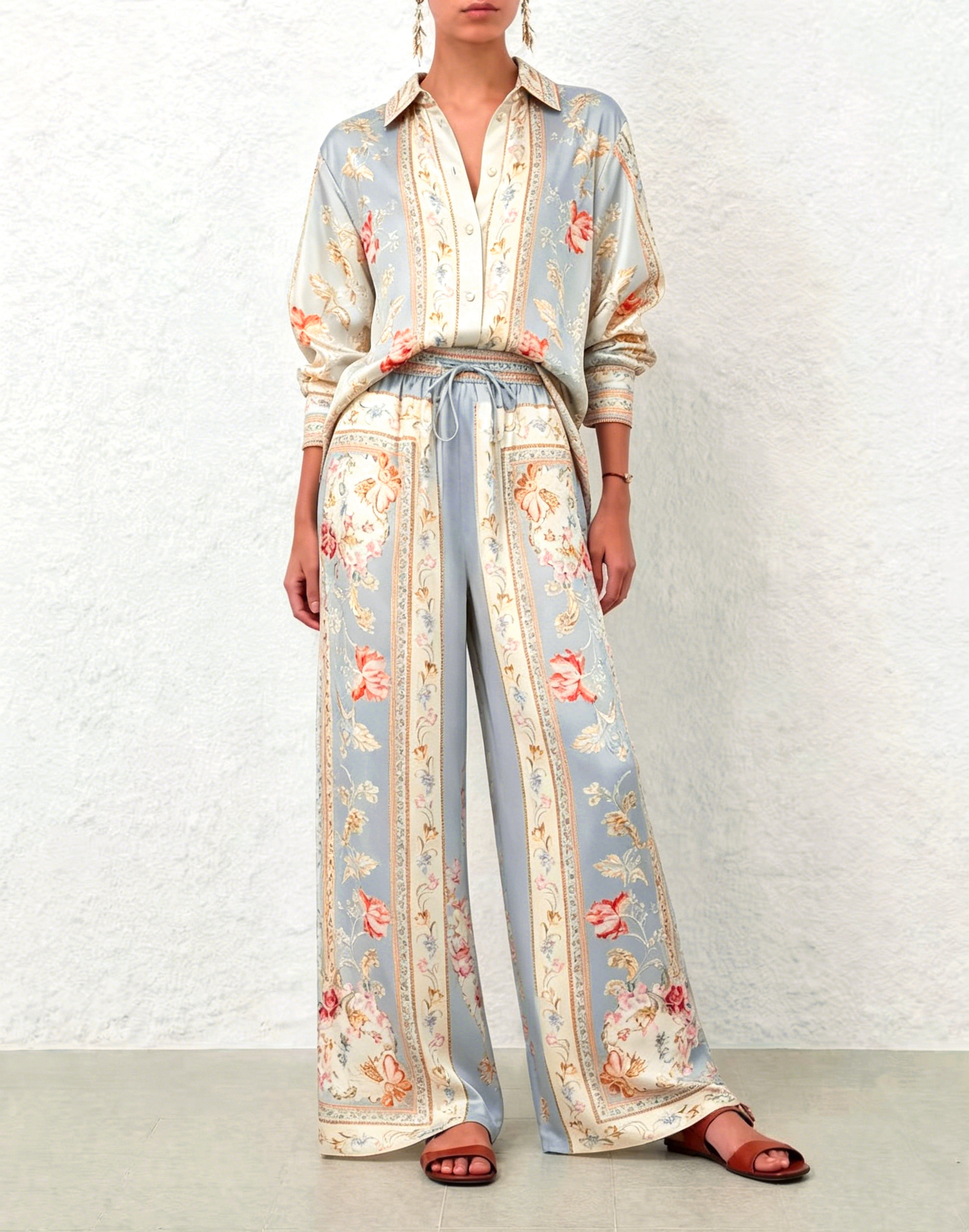 Australian Z Home Silk Texture Printed Casual Long Sleeve Collar Shirt Loose High Waist Pants Set Vacation Style Australian Z Home Silk Texture Printed Casual Long Sleeve Collar Shirt Loose High Waist Pants Set Vacation Style