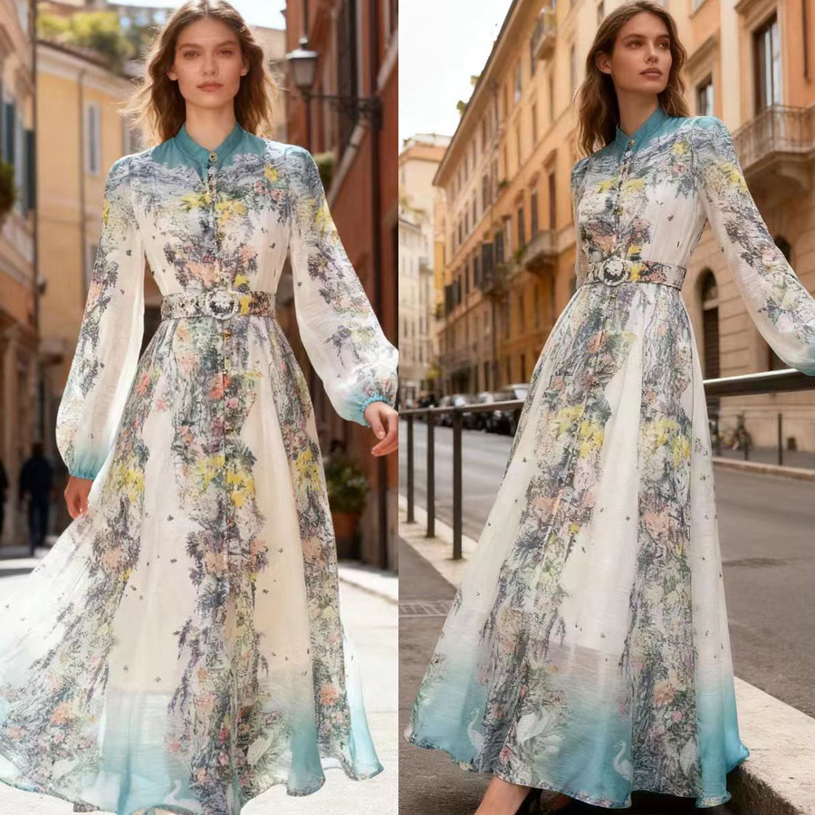 French high-end two-piece dress with retro print stand up collar lantern sleeves and waist cinching big swing dress, long skirt French high-end two-piece dress with retro print stand up collar lantern sleeves and waist cinching big swing dress, long skirt