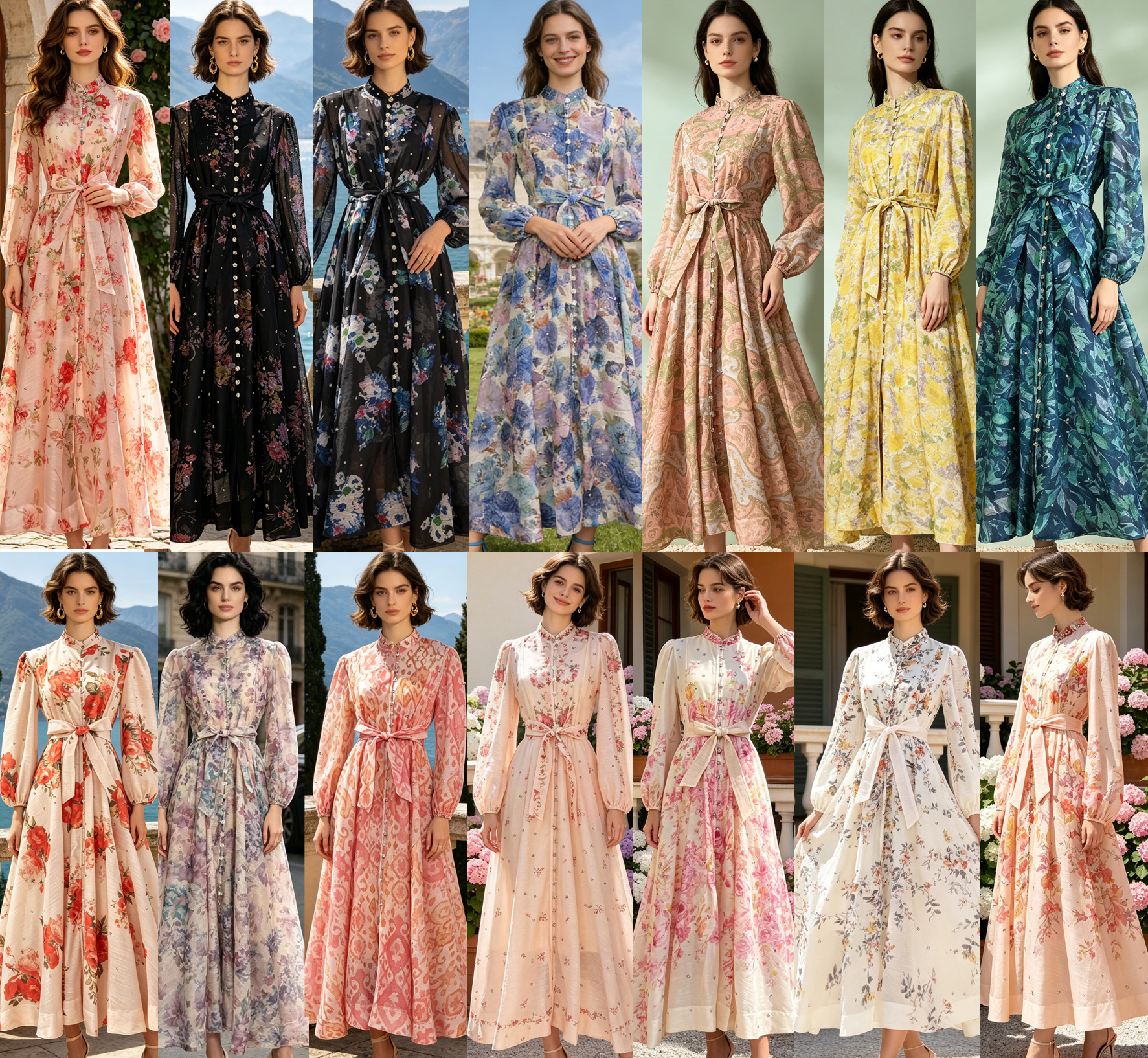 Australian retro print stand up collar lantern sleeves long sleeves heavy studded diamonds elegant socialite temperament two-piece dress long Australian retro print stand up collar lantern sleeves long sleeves heavy studded diamonds elegant socialite temperament two-piece dress long