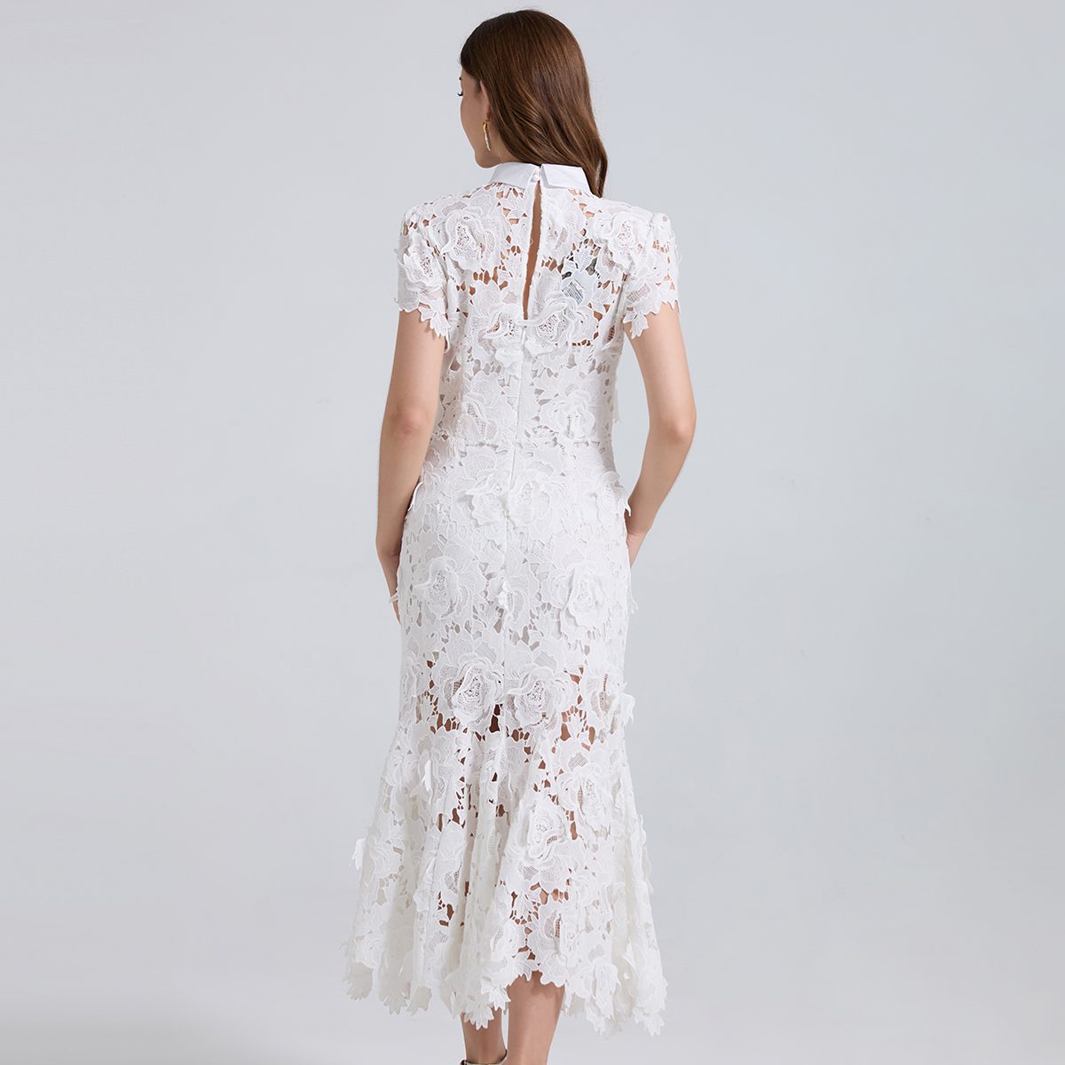 Real shot high-end three-dimensional flower hollow lace temperament fish tail big swing dress slim fit hip hugging skirt Real shot high-end three-dimensional flower hollow lace temperament fish tail big swing dress slim fit hip hugging skirt