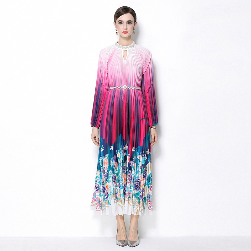Original 2026 high-end nail bead positioning printed pleated pearl buckle pleated long skirt Original 2026 high-end nail bead positioning printed pleated pearl buckle pleated long skirt