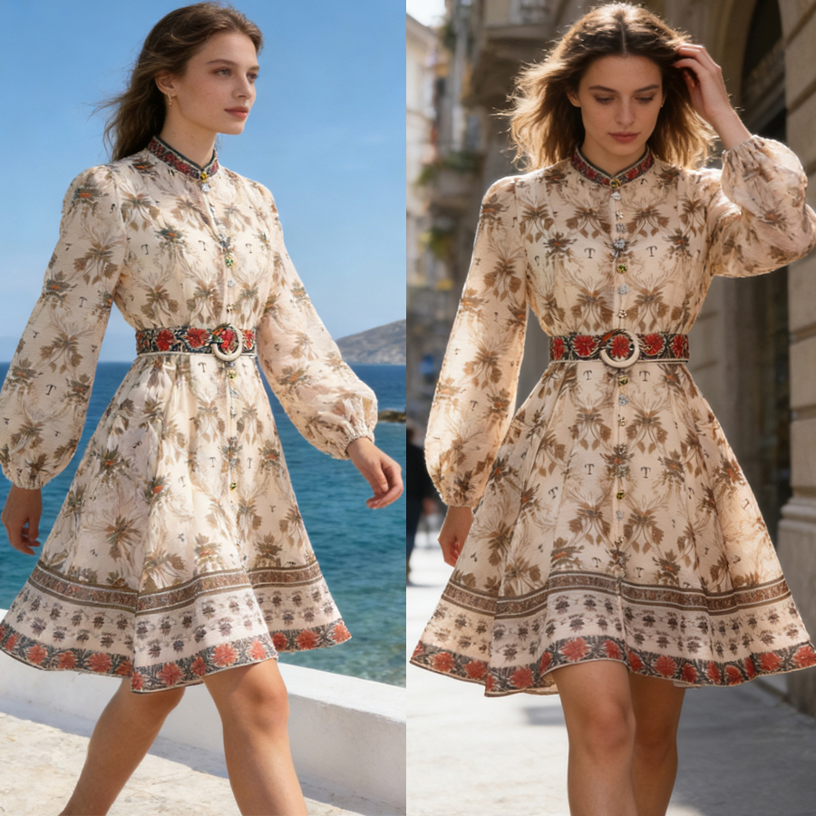 Australian new elegant retro positioning printed stand up collar single breasted waist slimming dress short skirt umbrella skirt Australian new elegant retro positioning printed stand up collar single breasted waist slimming dress short skirt umbrella skirt