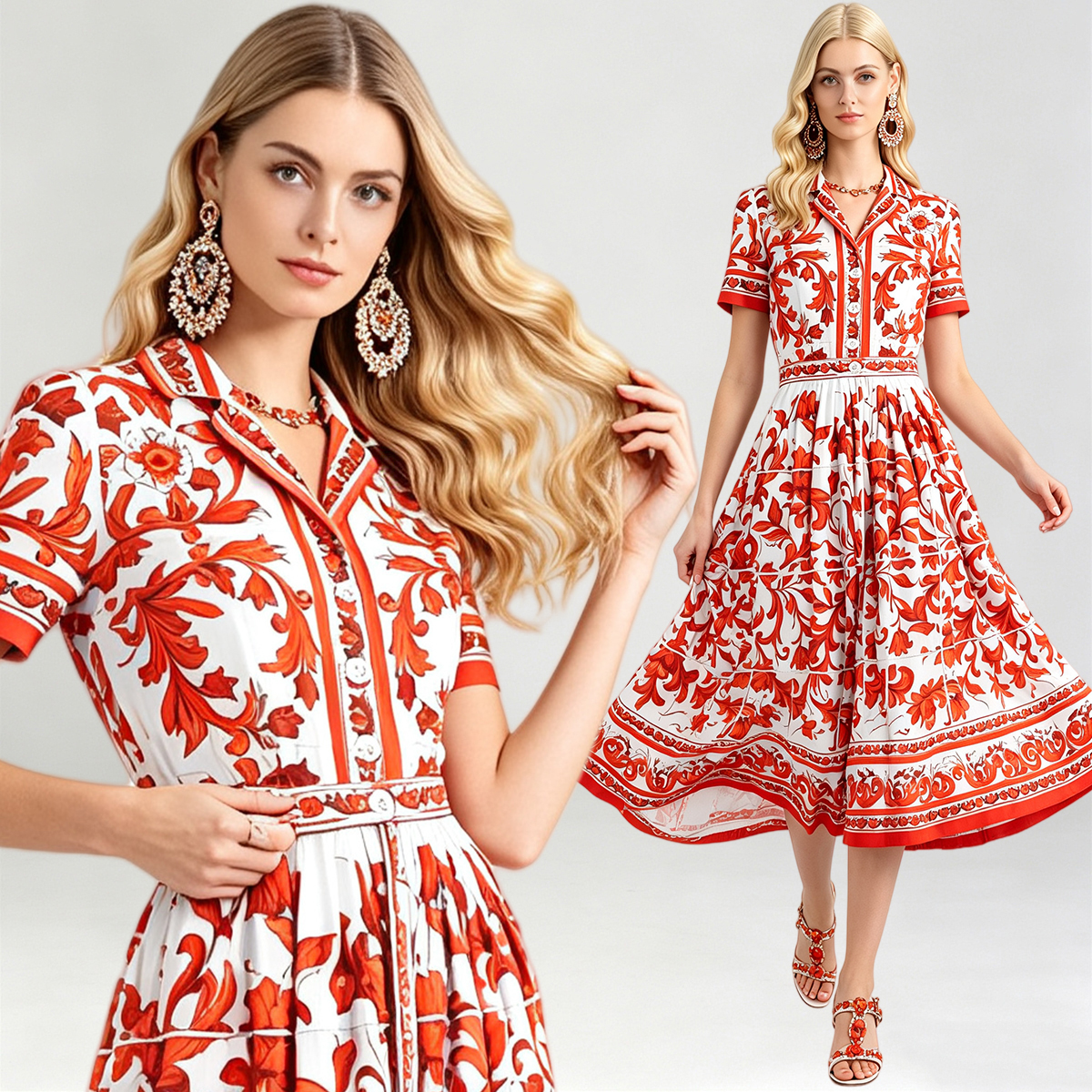 Summer positioning: Printed lapel tie, waist cinching shirt dress, big swing A-line skirt