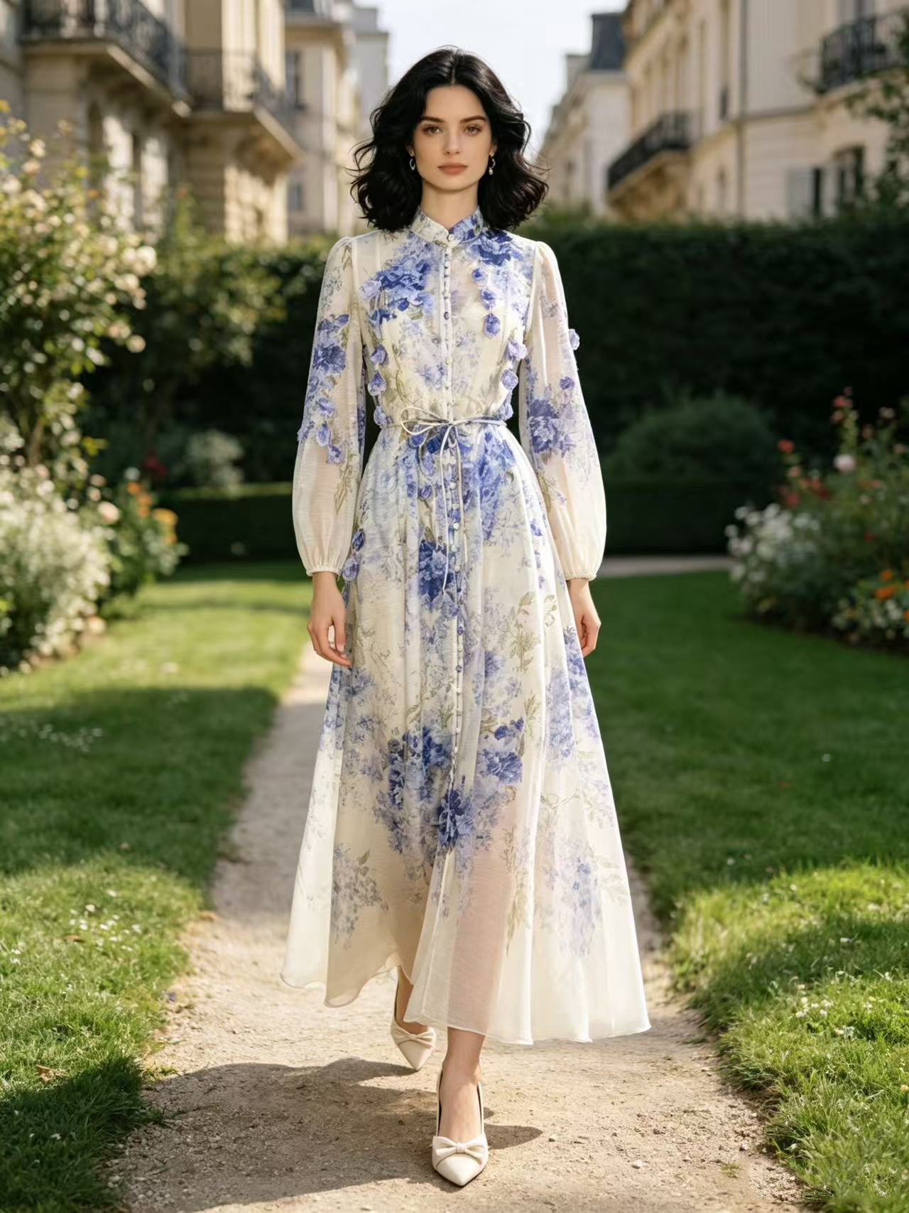 Australian niche 2026 summer elegant stand up collar single breasted heavy industry floral fringe two-piece dress long skirt Australian niche 2026 summer elegant stand up collar single breasted heavy industry floral fringe two-piece dress long skirt