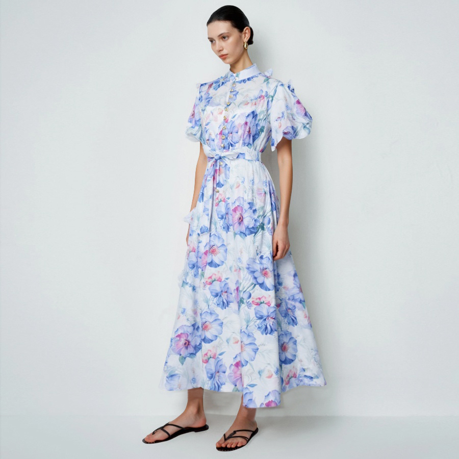Summer elegant socialite temperament retro printed bubble sleeves short sleeved stand up collar single breasted waist slimming dress long Summer elegant socialite temperament retro printed bubble sleeves short sleeved stand up collar single breasted waist slimming dress long