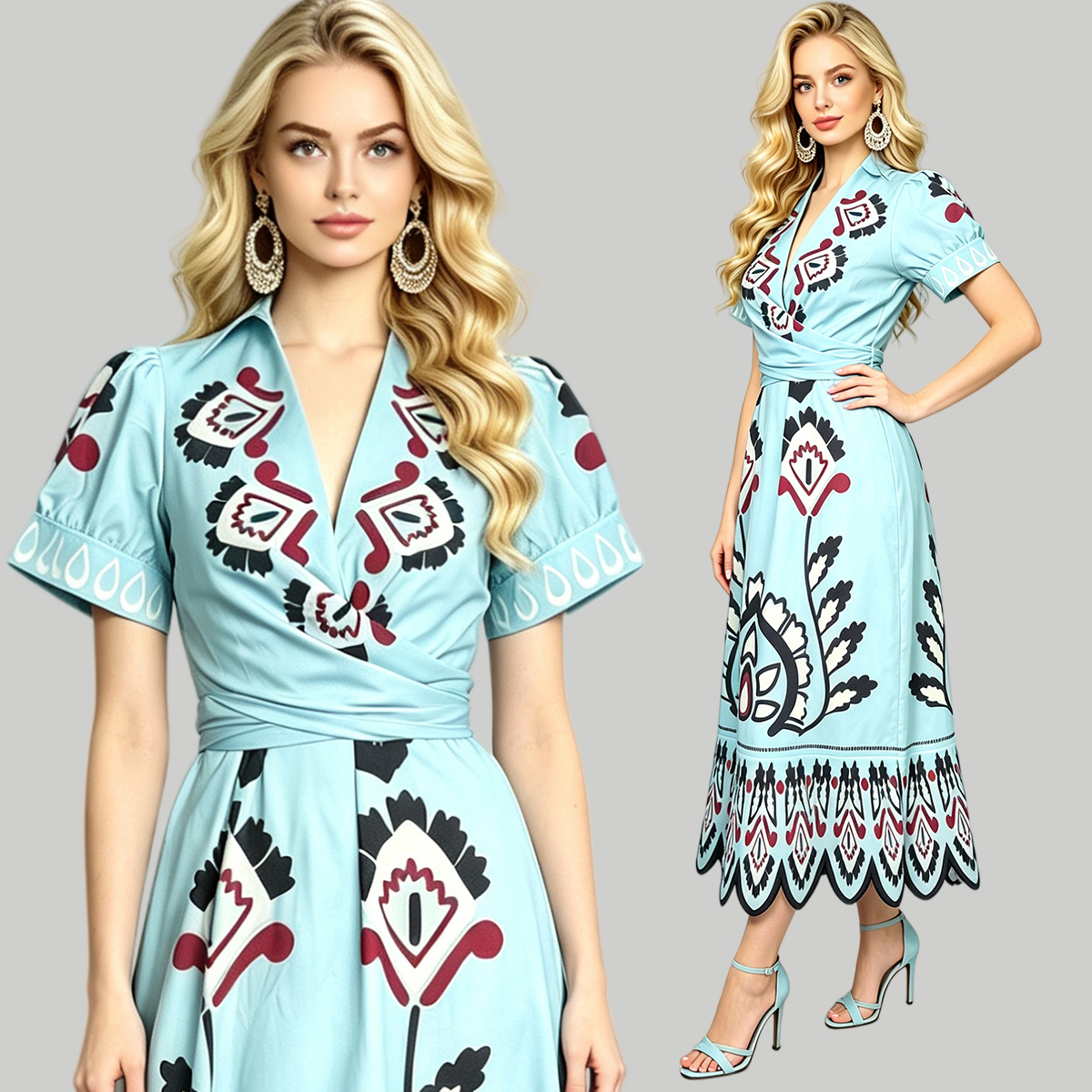 Summer print positioning: V-neck short sleeved slim fit high waisted cotton and linen embroidered wave dress, large swing A-line skirt