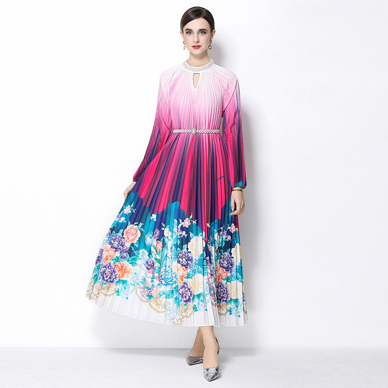 Original 2026 high-end nail bead positioning printed pleated pearl buckle pleated long skirt Original 2026 high-end nail bead positioning printed pleated pearl buckle pleated long skirt