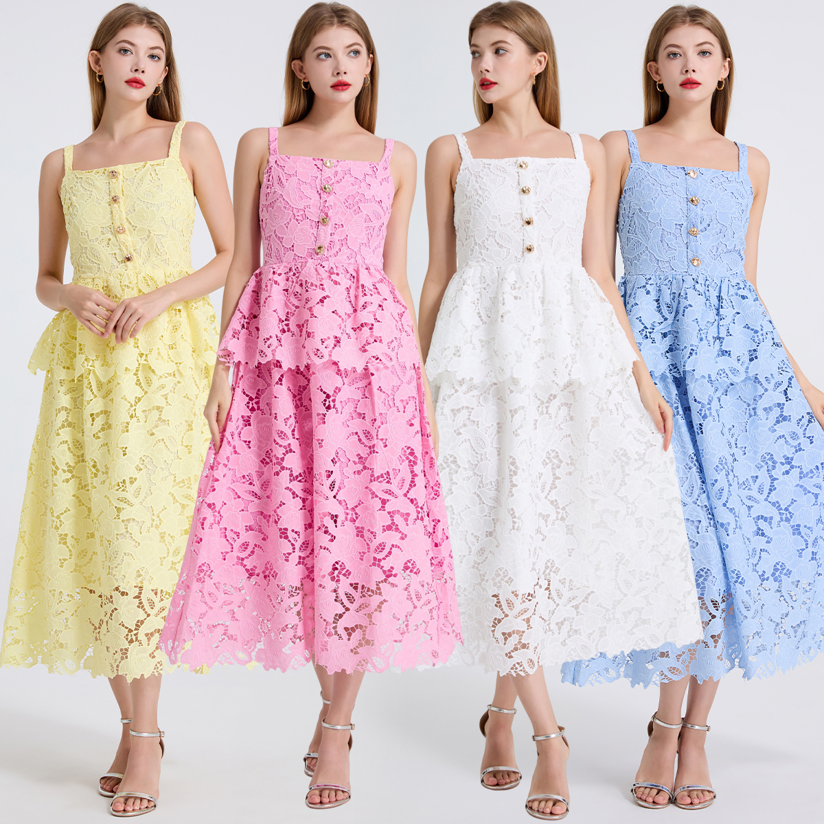 Real time shooting of heavy-duty three-dimensional flower cutting hollow suspender high waisted dress, slim fit vest, cake skirt