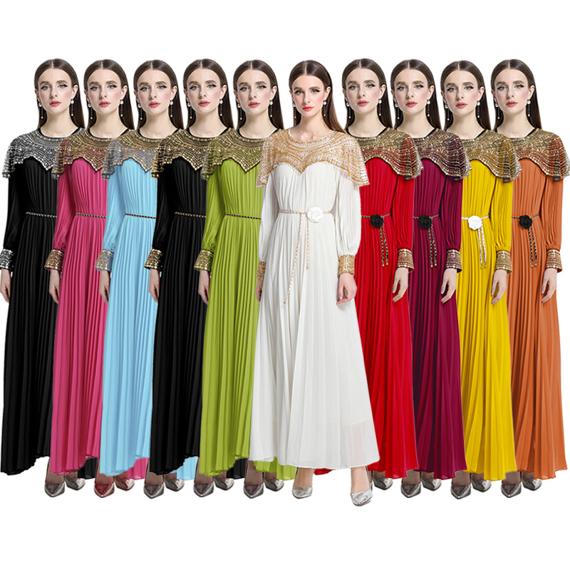 Light luxury high-end embroidered bead sequin round neck long sleeved dress, super fairy pleated elegant dress
