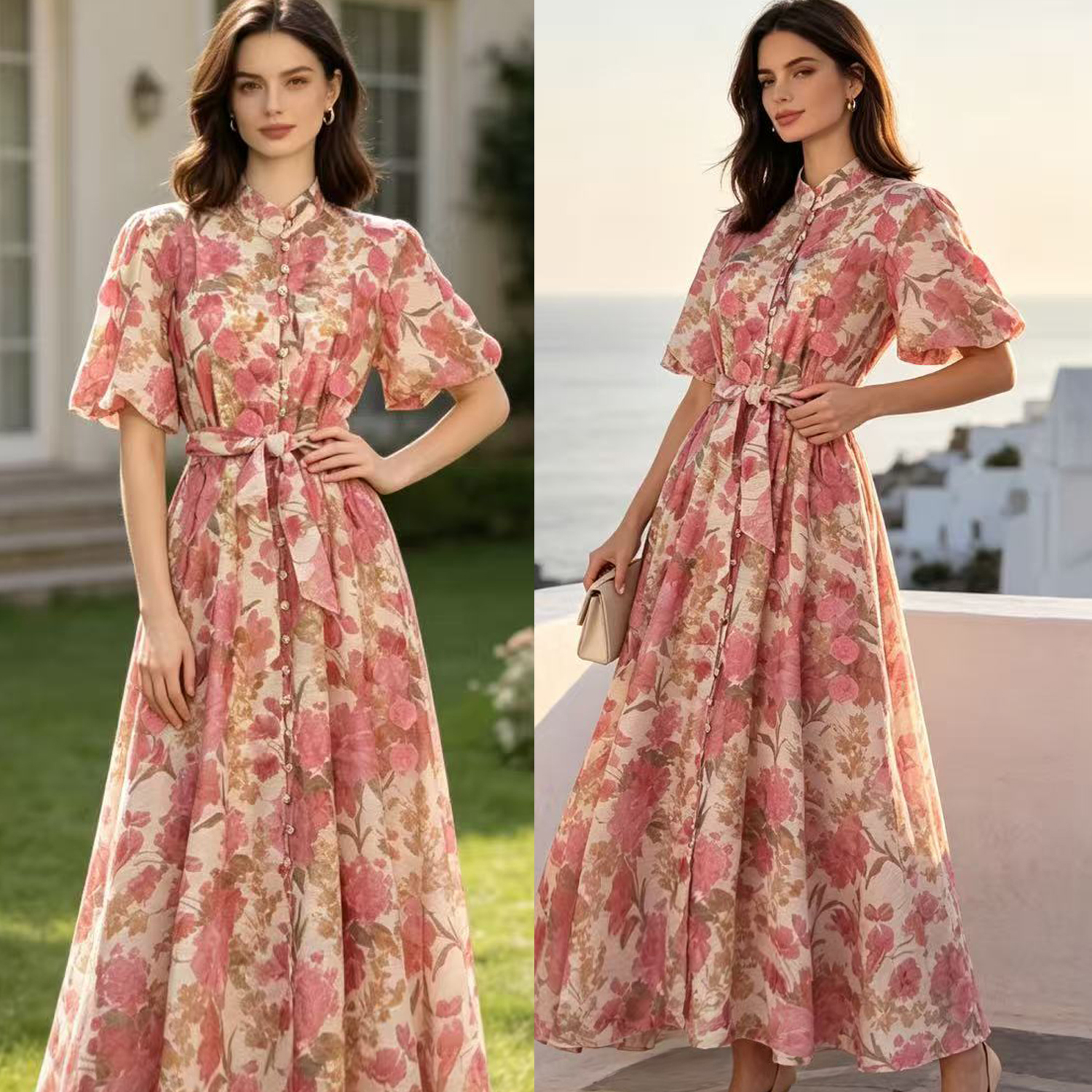 Australian summer new retro printed stand up collar single breasted heavy industry handmade flower decoration large swing dress long skirt
