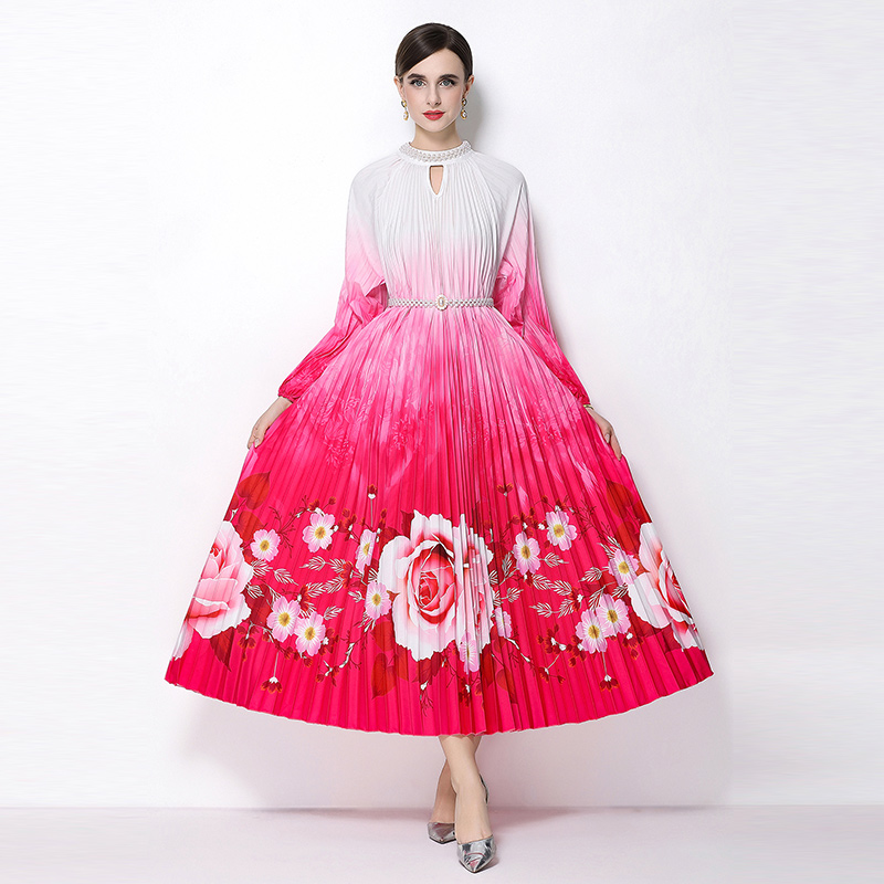 Original 2026 high-end nail bead positioning printed pleated pearl buckle pleated long skirt Original 2026 high-end nail bead positioning printed pleated pearl buckle pleated long skirt