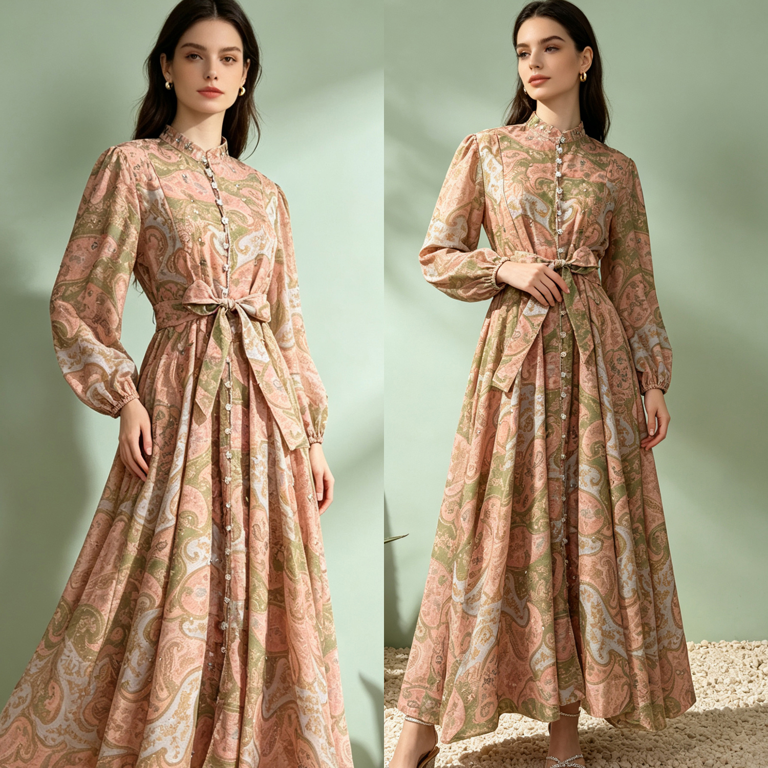Australian retro print stand up collar lantern sleeves long sleeves heavy studded beads elegant socialite temperament two-piece dress long