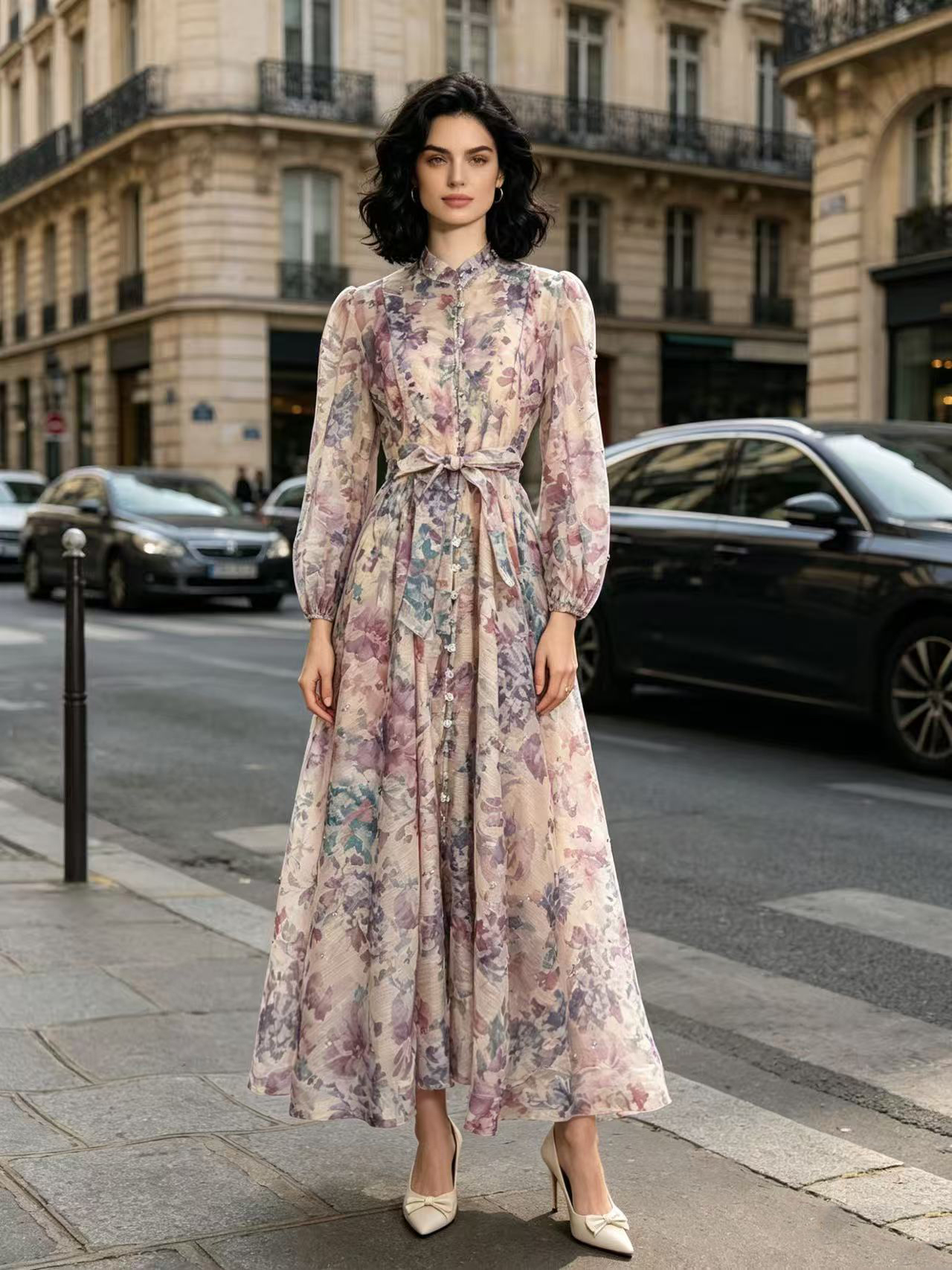 Australian retro print stand up collar lantern sleeves long sleeves heavy studded diamonds elegant socialite temperament two-piece dress long Australian retro print stand up collar lantern sleeves long sleeves heavy studded diamonds elegant socialite temperament two-piece dress long