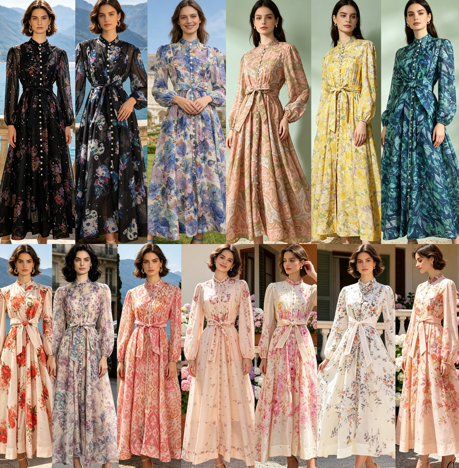 Australian retro print stand up collar lantern sleeves long sleeves heavy studded diamonds elegant socialite temperament two-piece dress long Australian retro print stand up collar lantern sleeves long sleeves heavy studded diamonds elegant socialite temperament two-piece dress long