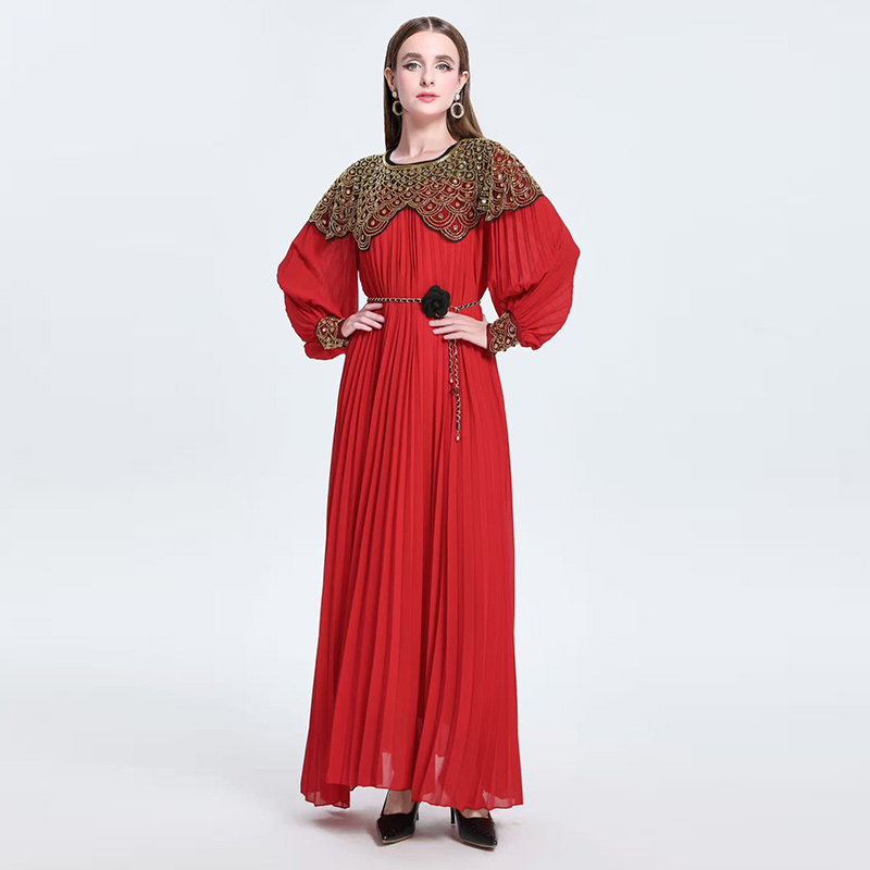 Light luxury high-end embroidered bead sequin round neck long sleeved dress, super fairy pleated elegant dress Light luxury high-end embroidered bead sequin round neck long sleeved dress, super fairy pleated elegant dress