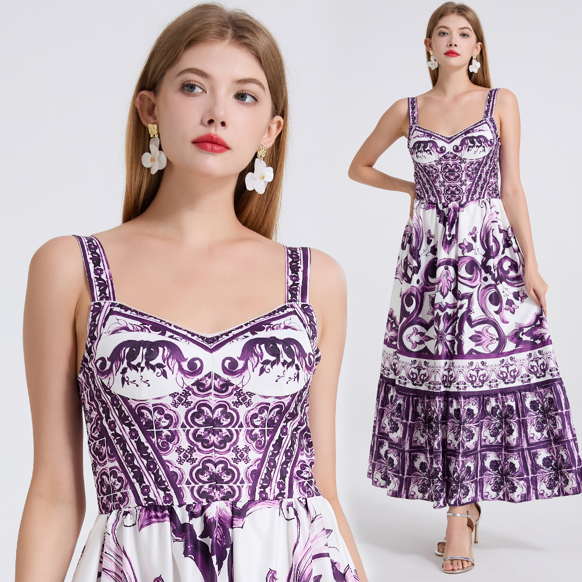 Marjorie print positioning sling slim waist dress with elastic A-line skirt at the back