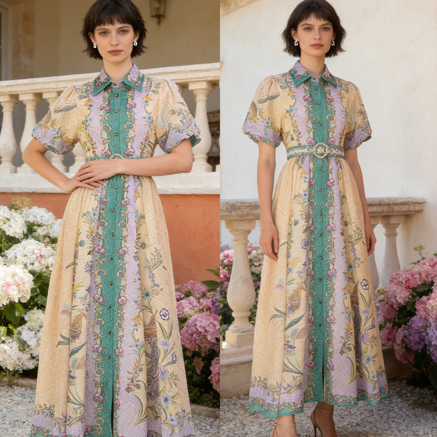 Australian retro printed elegant socialite temperament with a lapel and bubble sleeves, short sleeved summer waist slimming dress, long skirt Australian retro printed elegant socialite temperament with a lapel and bubble sleeves, short sleeved summer waist slimming dress, long skirt