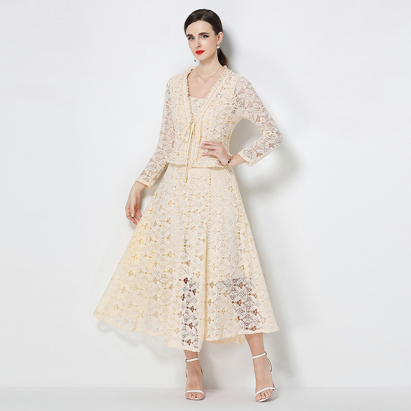 Water soluble lace slim fit sleeveless long skirt with ruffled edges and high waisted coat for elegant socialite two-piece set Water soluble lace slim fit sleeveless long skirt with ruffled edges and high waisted coat for elegant socialite two-piece set