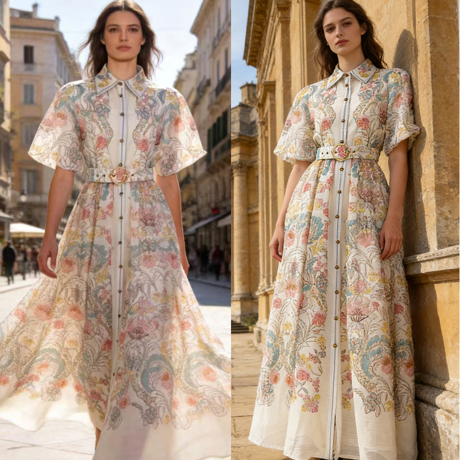 Australian retro printed elegant socialite temperament with a lapel and bubble sleeves, short sleeved summer waist slimming dress, long skirt Australian retro printed elegant socialite temperament with a lapel and bubble sleeves, short sleeved summer waist slimming dress, long skirt