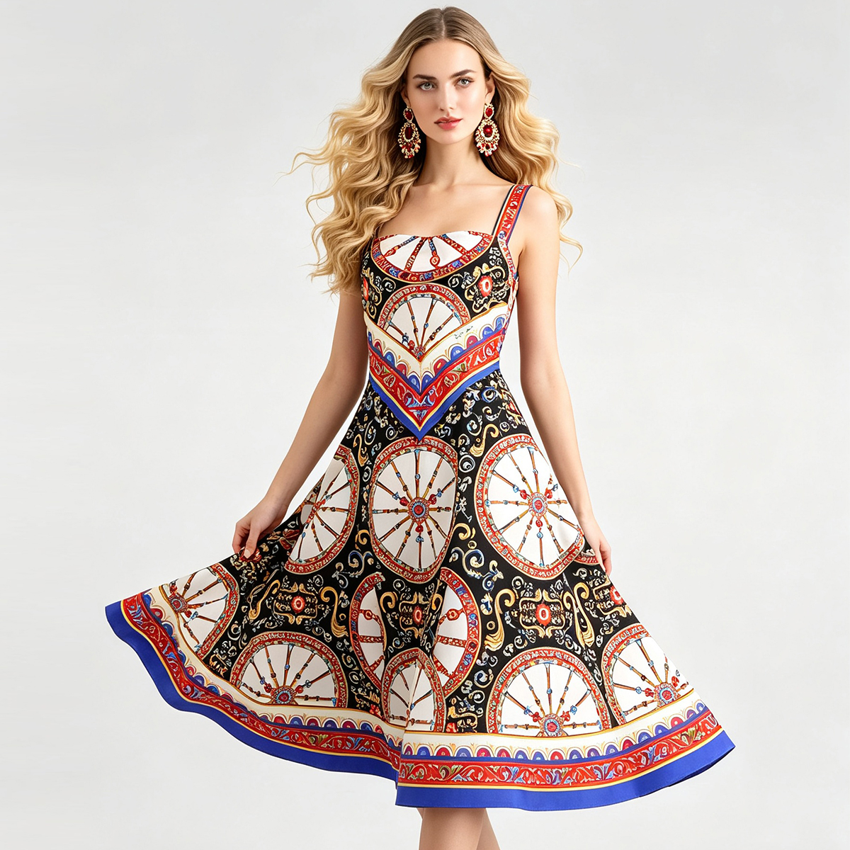 Baroque style printed positioning fake 2-piece camisole skirt with waist cinching and large swing style dress Baroque style printed positioning fake 2-piece camisole skirt with waist cinching and large swing style dress