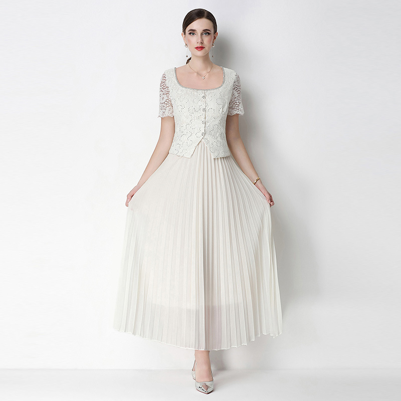 Embroidered heavy industry nail bead square neck versatile top with pleated skirt, fairy like floating skirt